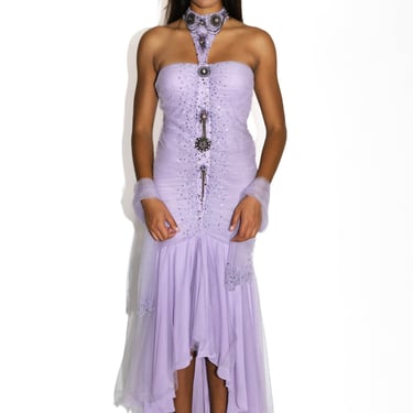 Lavender Ruched Tulle Embellished Gown