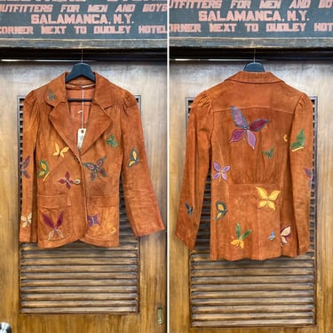 Vintage 1960’s Suede Applique Butterfly Hippie Rocker Blazer Jacket, 60’s Leather Jacket, Vintage Clothing 