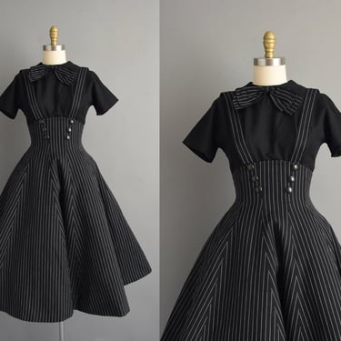 1950s vintage dress | Betty Carol Black Cotton Pinstriped Jumper Full Skirt Dress | Small | 50s dress 