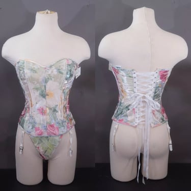 90s Frederick's Watercolor Floral Corset | Sweetheart Neckline, Lace-Up Back | Size Small, Unworn with Tags, Matching Thong 