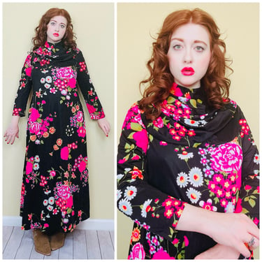1970s Vintage Butterfield Neon Floral Draped Neck Dress / 70s Long Sleeve Flower Power Psychedelic Poly Knit Maxi Dress / XL 