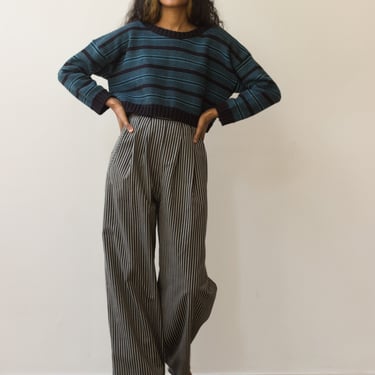 1980s Cathy Hardwick Striped Wool Wide Leg Trousers 
