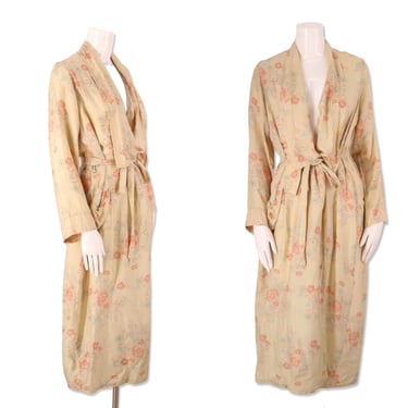 30s PONGEE silk print Japanese kimono robe M-L / vintage beige floral  Deco duster robe antique one size 1930s 1920s 