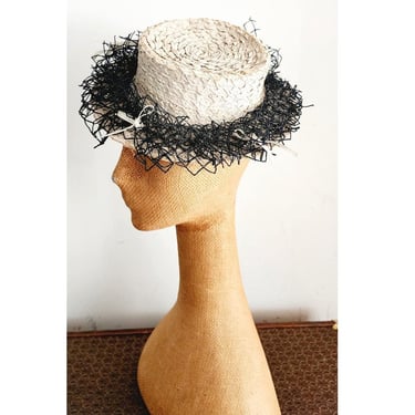 Vintage 30s Beige Straw Hat Black Netting New York Creation 