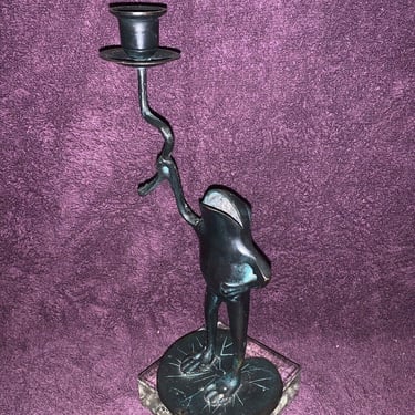 Vintage Bronze Finish Frog On Lily Pad Candle Holder 