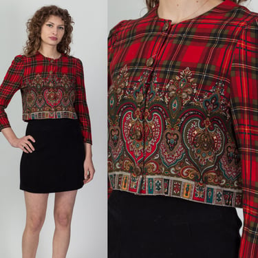 Vintage Karin Stevens Plaid Baroque Crop Top - Medium | 80s 90s Red Button Up Cropped Blouse 