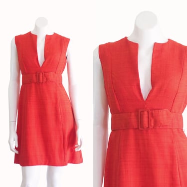 Vintage 1960s Coral Sheath Dress with Matching Belt 