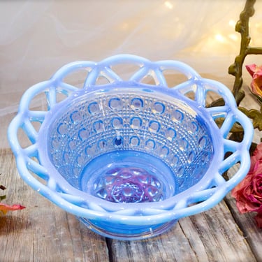 VINTAGE: Blue Opalescent Lace Edge Bowl - Candy Dish - Nut Bowl - SKU 26-D-00014371 