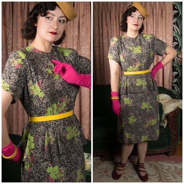 1940s Dress - Bold Rayon Print with Fuchsia Pink and Chartreuse on Grey and Black with Pointed Peplum 