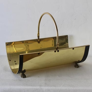 Vintage Mid Century Modernist Gold Brass Black Finish  Metal Firewood Log Holder Paw Footed 