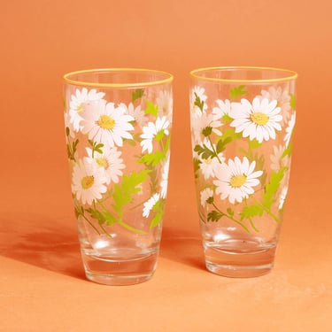 Set of 2 Vintage 80s Clear White Flower Novelty Drinking Clear Glasses Cups 
