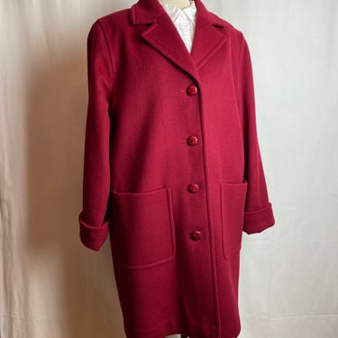 Vintage Pendleton overcoat ~ cranberry Red Wool dress coat jacket cuffed sleeves leather buttons 1980s 1990s stylish holiday vibes size Med 