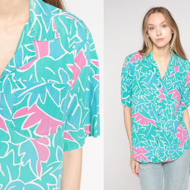 Tropical Leaf Shirt 90s Blue Hawaiian Button Up Top Retro Surfer Vacation Short Sleeve Hipster Blouse Pink Vintage 1990s Cotton Medium 8 