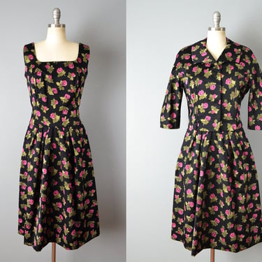 Rare/ Designer/ 1950s Rose Print Dress Set By Anthony Blotta // Size Small Medium 