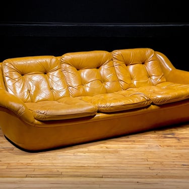 Vintage Space Age Overman Pod Sofa in Gold Naugahyde - Mid Century Modern Swedish Furniture Tufted Vinyl Three Seat Couch 