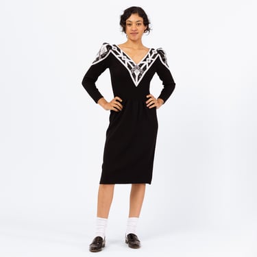 Vintage 80s Pat Sandler Black & White Beaded Knit Midi Sweater Dress - Small to Medium | Designer Long Sleeve Glam Formal Cocktail Dress 