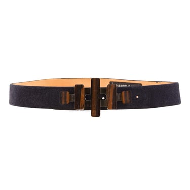 Pierre Cardin 1970s Modernist Wood & Chrome Buckle Navy Suede Belt 