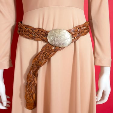 Iconic Boho Vintage 70s Brown Braided Leather & Silver-ish Buckle Statement Belt 