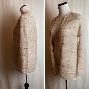 Fuzzy vintage mohair cardigan sweater champagne pink- blush neural tone crocheted rayon knit cozy fuzzy knit jacket sweater size Medium 