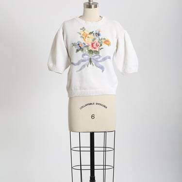 90s white Floral knit cotton sweater 