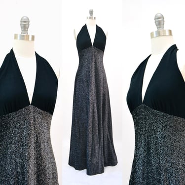 1970s Vintage Black Maxi Dress 70s Metallic Black Silver Party Disco Dress Black Halter Neck Prom Dress Black Long Maxi Dress XS Small 