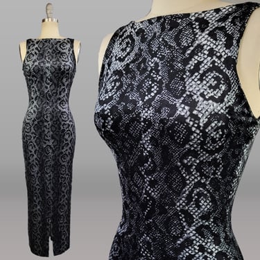 1990s Betsey Johnson Dress / 90s Gray & Black Velvet Snakeskin Print Maxi Dress / Snakeskin Dress / Size Small 