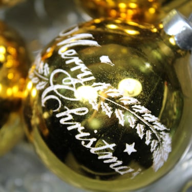 Set of 4 "Merry Christmas" Gold Glass Ornaments | Vintage Ornaments | Circa 1960s | Bixley Shop 