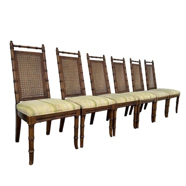Set of 6 Vintage Faux Bamboo Dining Chairs by American of Martinsville - Hollywood Regency Rattan Cane Coastal Style Furniture 
