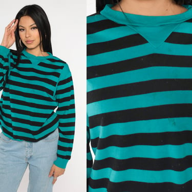 Teal Striped Sweatshirt -- 80s Sweater Black Green Stripe Print Slouch Pullover Jumper Crewneck Shirt Vintage Medium 