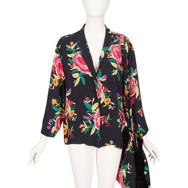 Norma Kamali 1980s Vintage Floral Black Silk Light Jacket & Oversized Tote Bag Set Sz M 