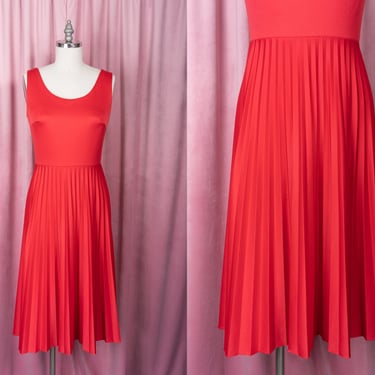 Vintage 1970s Tomato Red Polyester Perma Pleat Tank Dress 