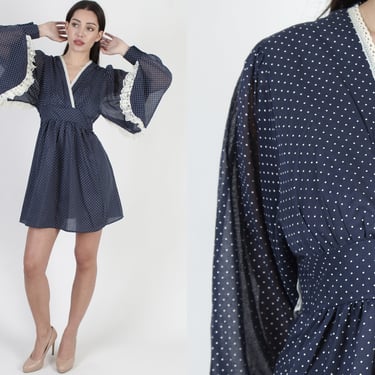 Polka Dot Dress Navy Blue Wrap Dress. Kimono Poet Sleeves Bohemian Dress, Vintage 70s Swiss Dot Lace Prairie Mini 