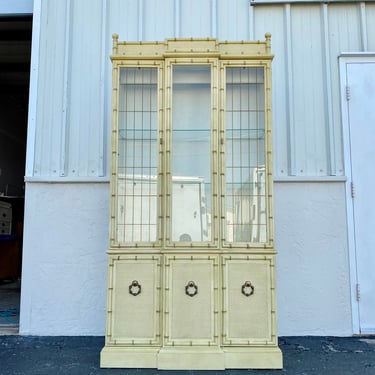 Faux Bamboo China Cabinet - Vintage Lighted Glass Display Hutch - Hollywood Regency Coastal Furniture 