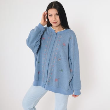 90s Floral Cardigan Sweatshirt Button up Sweater Blue Embroidered Flower Print Shirt Grandma 1990s Vintage 3x Plus Size 