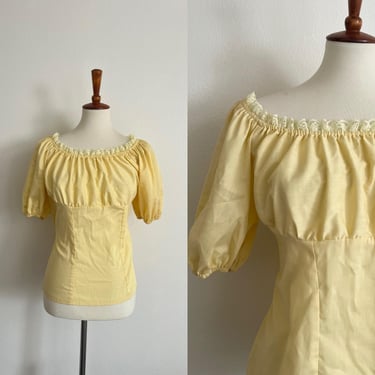 vintage 70's cotton yellow handmaid puff shoulder ruffle blouse 