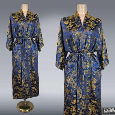 VINTAGE 80s Blue Silk Jacquard Kimono Robe with Golden Dragons | 1980s Asian Print Dressing Gown With Belt Robe | VFG 