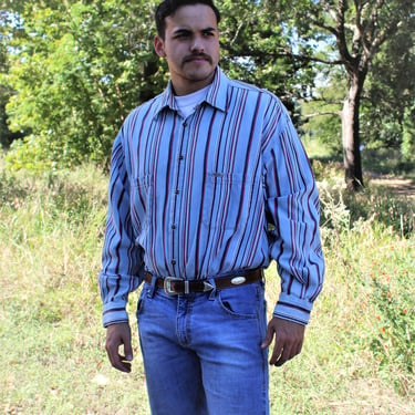 Vintage 1990s Girbaud Striped Chambray Denim Shirt, Large Men 