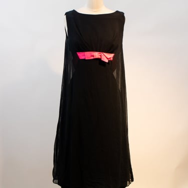 1960s Black Fitted Wiggle Dress with Pink Ribbon and Chiffon Overlay