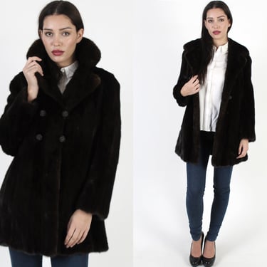 Womens Fur Back Collar Mink Coat / Vintage 70s Mahogany Mink Fur Jacket / Double Breasted Real Fur / Plush Espresso Opera Peacoat 