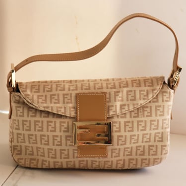 FENDI Vintage Zucchino Double Flap Nude + Beige Baguette Canvas + Leather Shoulder Bag Monogram FF Zucca Logo Gold Hardware Brown Tan 