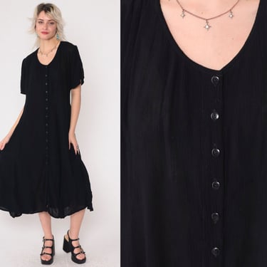 Black Button Up Dress 90s Rayon Gauze Midi ShirtDress Short Sleeve Retro Plain Chic Simple Casual Scoop Neck Vintage 1990s Oversized Small S 