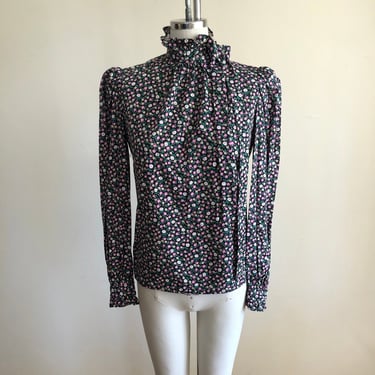 Black and Pink Ditsy Floral Print Blouse with High-Neck and Bow - 1970s 