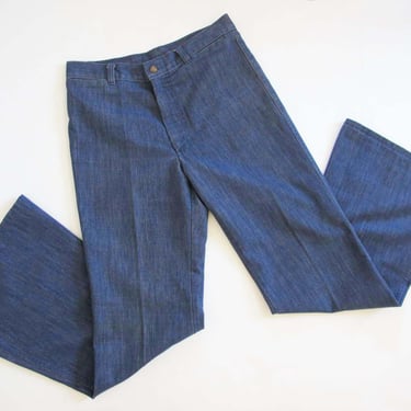 Vintage 70s  Bell Bottom Jeans 30-31  - 1970s High Waist Wide Leg Denim Pants - Dark Wash Elastic Waist Boho Hippie 