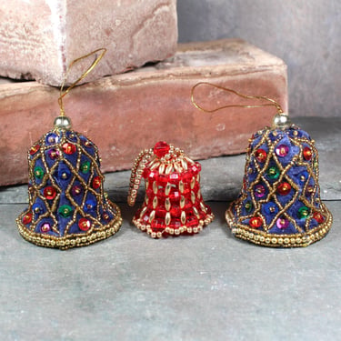 Jewel-Toned Christmas Bell Ornaments | Set of 3 | Sequins and Beaded Christmas Ornaments | circa 1960s | Bixley Shop 