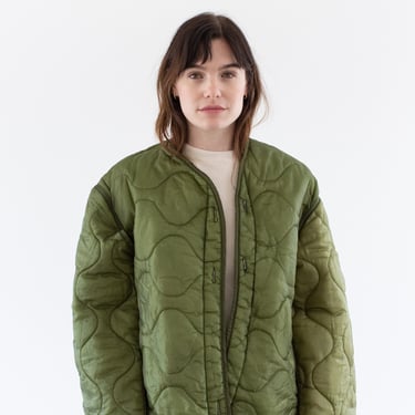 Vintage Green Liner Jacket | Unisex Two Tone Wavy Quilted Nylon Coat | L | LI261 