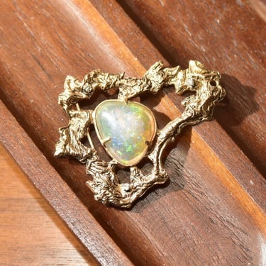 Vintage Brutalist 14K Gold Opal Glass Diamond Accent Brooch Pendant, Organic Texturing, Opalescent Cabochon, Solid 585 Gold Brooch, 2 3/8" 