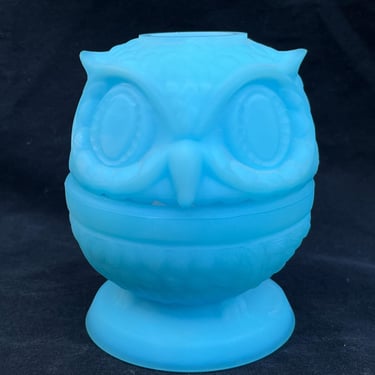 Fenton blue satin owl fairy lamp MCM courting lamp 