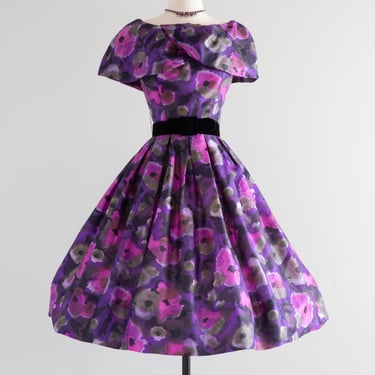 Classic 1950's Purple Floral Garden Silk Party Dress by Gigi Young / Small