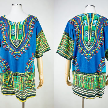 Vintage 1990s Blue Vibrant Dashiki by Funky People O/S | Pockets, Short Sleeve, Worn In, Colorful, African, Eclectic, Rasta, Hippie, 