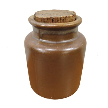 Stoneware Jar | Vintage Small Brown Mustard Crock With Cork Lid Or Stopper 